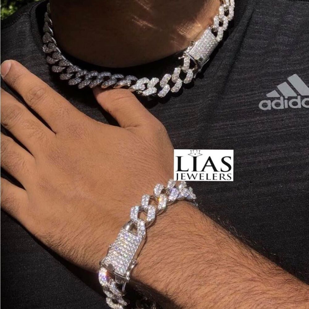 New 18k white gold filled Cuban link chain and bracelet